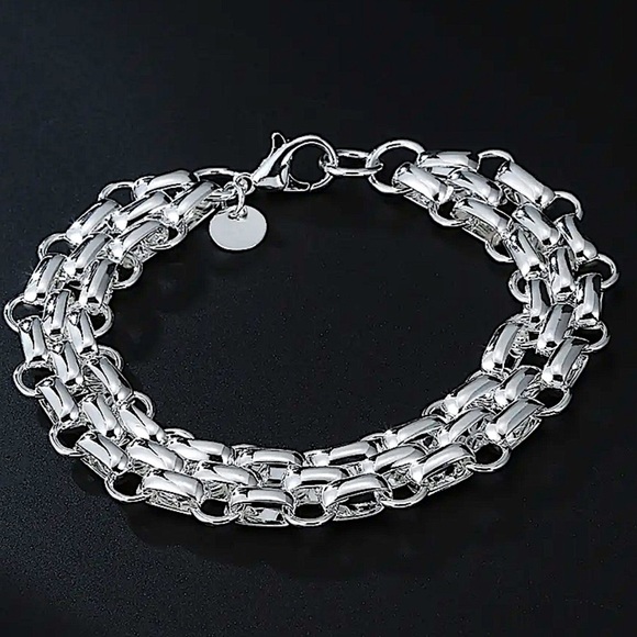 Sterling Silver Chain Link Cuban Mesh Lattice Stamped 925 Bracelet - Picture 5 of 7